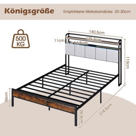 Kuningasuuruses voodiraam LED-valgustuse ja laadimisjaamaga, polsterdatud peatsiga, metallraam