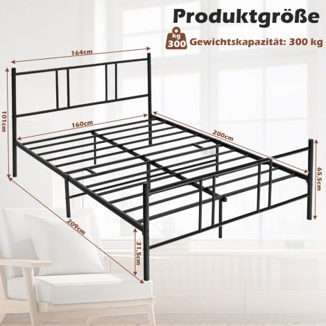 Metallist platvormvoodi raam peatsi ja jalutsiga 200 x 160 cm must