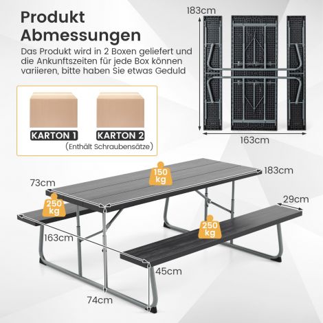 Kokkuklapitav piknikulaud kahe pingiga, 183 cm, metallraamiga must campinglaua komplekt