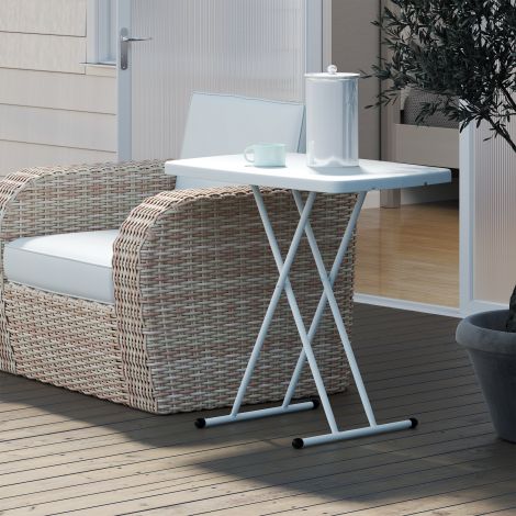 Reguleeritava kõrgusega aialaud, kokkupandav rõdulauake plastikust, ristkülikukujuline kohvilaud, kandevõime 50 kg, 76x50x74H cm diivanilaud väljas siseruumides rõdu terrass valge