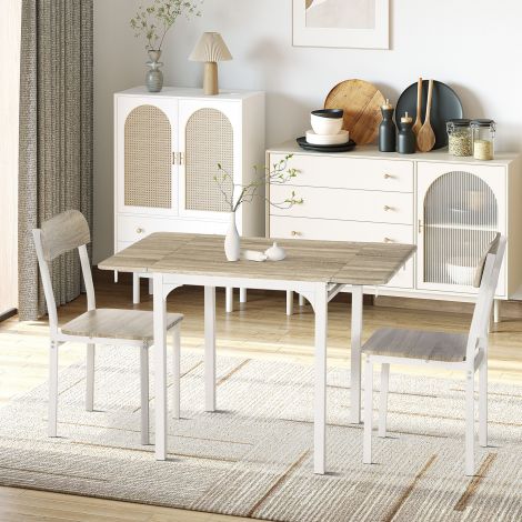 3-osaline söögikomplekt 2 tooli ja 1 lauaga, kokkupandav lauaplaat 120 x 60 x 75 cm, teras MDF naturaalne valge, ideaalne kööki ja söögituppa.