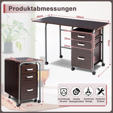 Kokkupandav ratastel arvutilaud metallraamiga 105 x 50 x 75 cm pruun