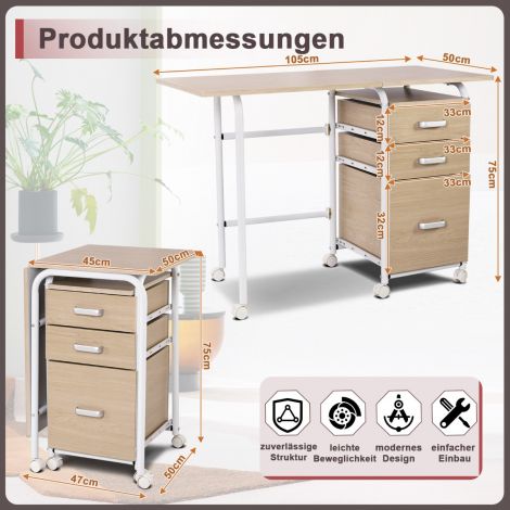 Kokkupandav arvutilaud 3 sahtliga kirjutuslaud 105 x 50 x 75 cm naturaalne