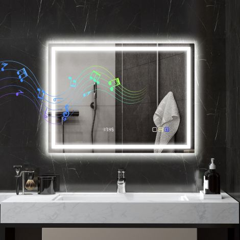 Valgustusega vannitoapeegel 80x60 cm LED-peegel seinapeegel Bluetooth-muusikafunktsiooniga mälufunktsioon kell 3 valgusvärvi uduvaba valguspeegel puutelülitiga hõbedane