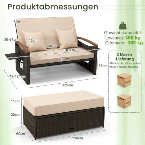 3 ühes aialahendus: kaheinimese lamamistool/päevavoodi rotangist aiasofa, 4-astmeliselt reguleeritava seljatoega