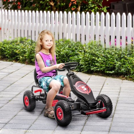 Gokart, laste sõiduk reguleeritava istmega, pedaalsõiduk kummirehvidega, pedaal, käsipidur, 5-12 aastastele, õues, punane+must| Aosom