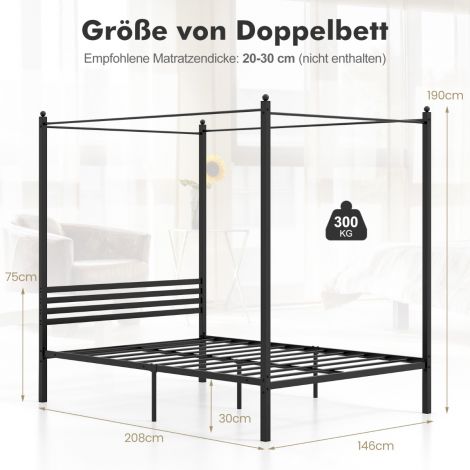 140 x 200 cm baldahiinvoodi metallist voodiraam liistpõhjaga kaheinimesevoodi must