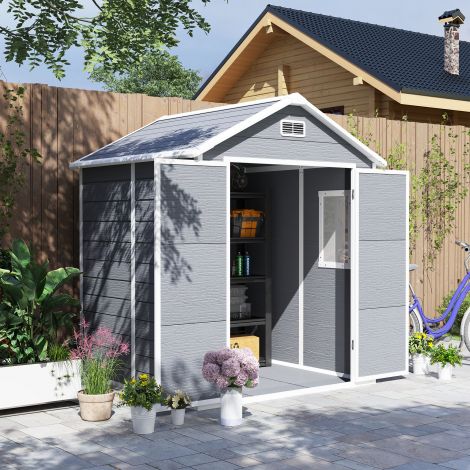 Seadmemaja 2,4m², veekindel aiakuur põrandaga, kaldkatus, 182x151x219/181 cm, lukustatava uksega tööriistakuur, aknaga jalgrattagaraaž, alumiiniumist aiamaja, tagaaeda, aeda, hall.