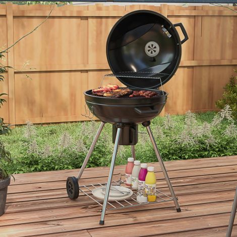 Puidusüsi BBQ grill, grillrestiga, rataste, riiuli, tuhasahtli ja integreeritud termomeetriga metallist.