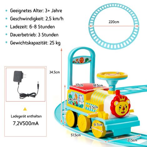 6 V elektriline lasterong, millele saab peale istuda, 16 rööpaosaga, lastele alates 3. eluaastast, sinine