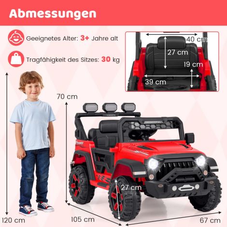 Laste elektriauto 2,4G kaugjuhtimispuldi, USB-pordi, tulede ja muusikaga, 12V laste Jeep, punane