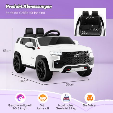 Laste Chevrolet elektriauto 2,4G kaugjuhtimispuldiga, vedrustuse, tulede ja muusikaga, valge
