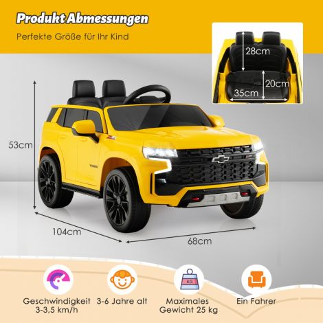 Laste Chevrolet elektriauto 2,4G kaugjuhtimispuldiga, vedrustuse, tulede ja muusikaga, kollane lasteauto