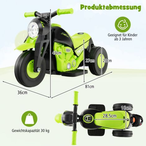 Lastemootorratas seebimullimasinaga, muusika ja LED-esituledega, roheline