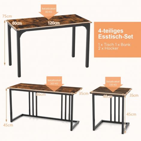 Söögilaud pingiga ja 2 taburetti, 4-osaline komplekt, köögilaud, industriaalne söögikomplekt kööki, 120 x 60 x 75 cm, pruun