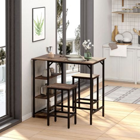 Bartikomplekt kõrge laud 2 baaritooliga, 3-osaline lauakomplekt riiulitega, puitlaastplaat/teras, rustikaalne pruun/must, 109x60x100cm| Aosom