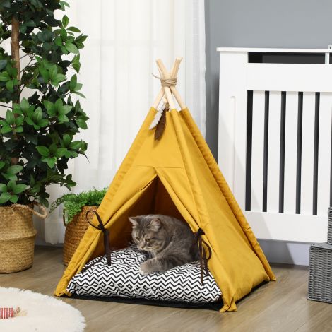 Kassimaja tipi-telk koeravoodi padjaga, libisemiskindel, mängupalliga, männipuidust, siseruumides kollane| Aosom