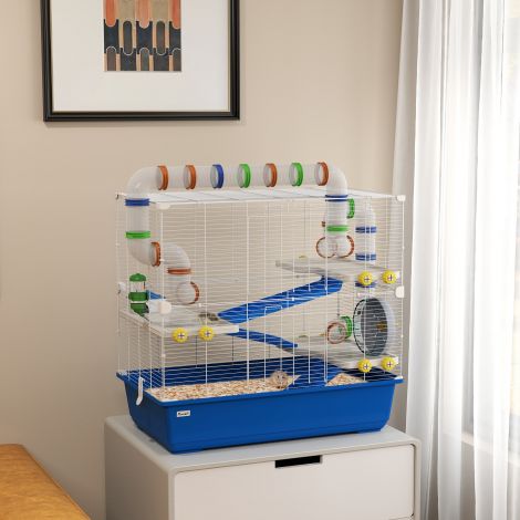 Kääbushamstri puur 4 tasandit näriliste puur väikeloomade puur jooksuratta, söögikausi ja tarvikutega, suur hiirte puur 78 x 45 x 73 cm sinine