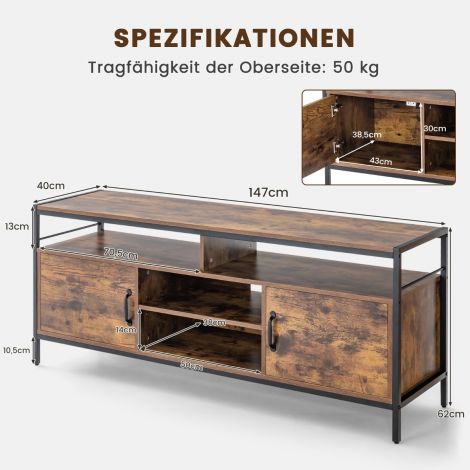 TV-kapp kuni 65-tollisele telerile, 2 ukse ja avatud riiulitega madal TV-laud