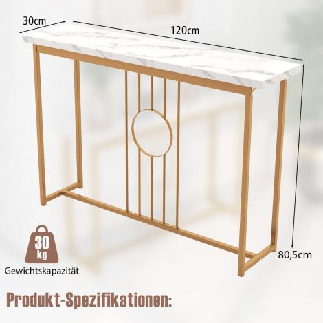 Marmorviimistlusega konsoollaud metallraami ja reguleeritavate jalapadjakestega kitsas abilauake