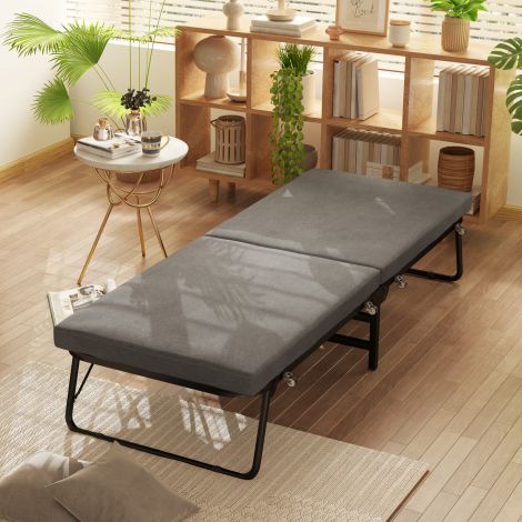 Kokkupandav voodi 70 x 190 cm külalistevoodi, 7 cm vahtmadratsiga, reguleeritava peatoega, ratastega reisivoodi, linase välimusega, metallraam kontorisse, külalistetuppa, tumehall