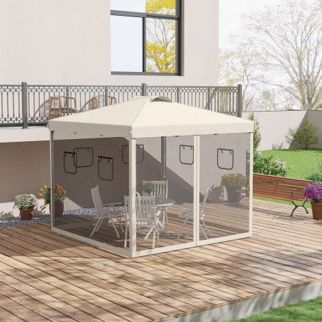 Kokkupandav paviljon 3x3m koos 4 võrkkardinaga, UV-kaitse, Pop Up disain, aknad ja kandekott, beež aiapidudeks.