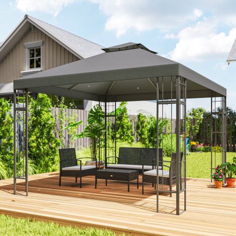 Paviljon kahekordse katusega, umbes 3x3 m veekindel stabiilne talvekindel aiamajake UV-kaitsega peotelk metallist, aia, terrassi jaoks, tumehall
