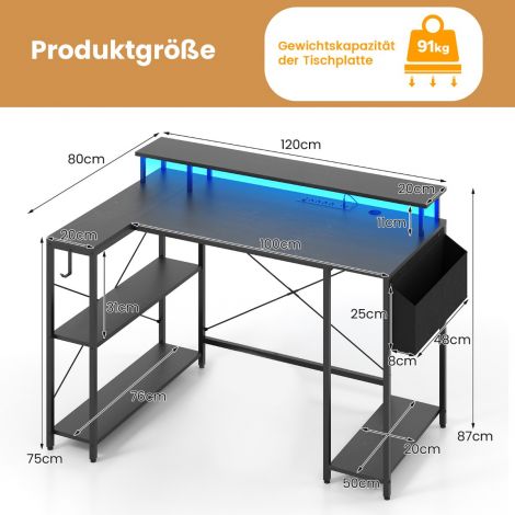 L-kujuline kirjutuslaud pistikupesade ja LED-valgustusega mänguriarvutilaud must