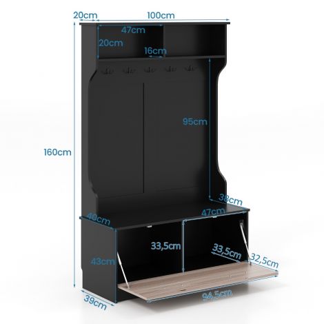 Nagipuu pingiga ja 5 topeltkonksuga esikugarderob 100 x 40 x 160 cm must