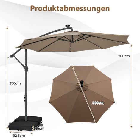 Ø300 cm rippuv päikesevari 40 päikese-LED-iga, liivakottide, vända ja UV-kaitsega, pruun