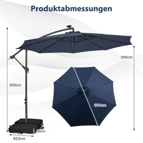 Ø300 cm rippuv päikesevari 40 päikesepatarei LED-tulega, liivakottide, väntmehhanismi ja UV-kaitsega, sinine