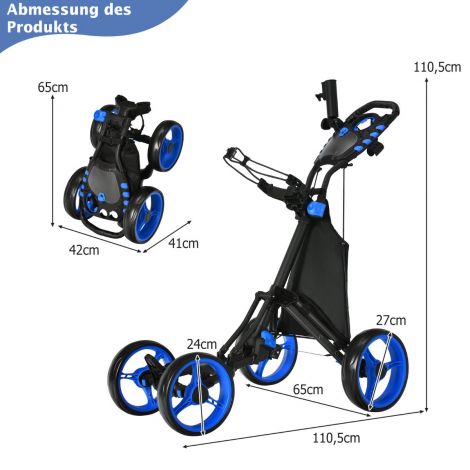 Golfikäru 4-rattaline golfikäru golfivanker kokkupandav golficaddy käsikäru alumiiniumist sinine