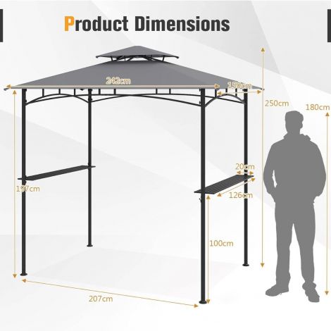 Grillpaviljon kahekordse katuse ja 2 külgriiuli ning 6 konksuga aiamajake BBQ paviljon 242 x 150 cm