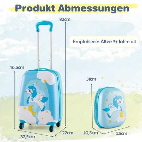 2-osaline laste kohver ja seljakott plastikust, lastetrolley, lastepagas 12″+16″, sinine ükssarvik