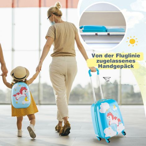 2-osaline laste kohver + seljakott plastist lastetrolley lastepagas 12"+16" sinine hobune