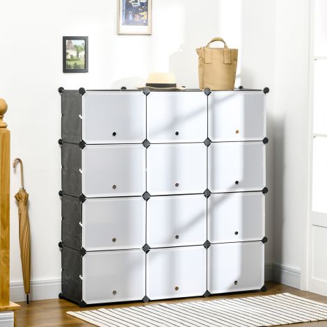 Kingakapp hoiukast 12 kuubikuga DIY ühendatav riiul ustega plastik teras must+valge 125 x 32 x 125 cm