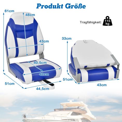 2-osaline kõrge seljatoega paaditoolide komplekt 10 cm paksuse vahtpolstriga, kokkupandav, sinine-valge