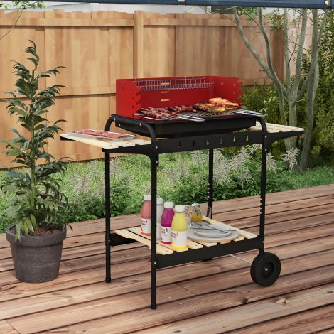 Metallist söegrill BBQ suitsuahi ratastega, kõrguse reguleeritav grillrest, puidust riiul, liigutatav grillkäru söegrill, söegrill barbeque'ks, telkimiseks, terrassile, 103x47x95 cm