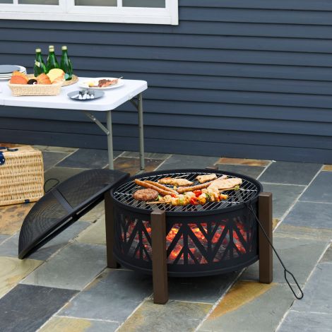 Tulekauss 2-ühes tulekorv sädemekaitse ja grillrestiga, aia BBQ must ja pruun, Ø78x60H cm hubasteks õhtuteks.