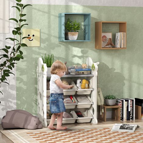 AIYAPLAY laste riiul, 4-astmeline mänguasjade riiul 9 eemaldatava kastiga, riiul, konksud, lastetoa riiul lasteaeda, mängutuppa, 77 x 42 x 94 cm, kreemvalge