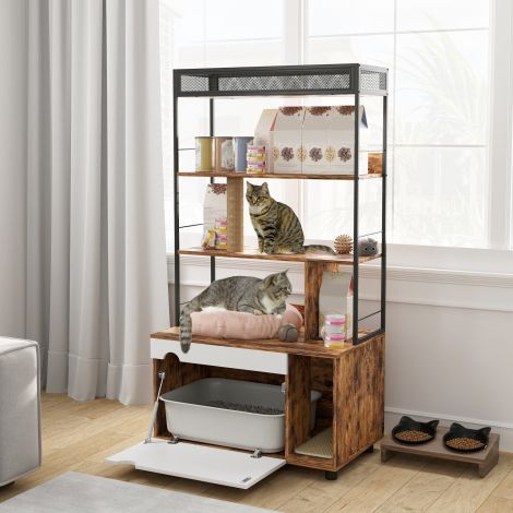 2-in-1 kassiliivakasti kapp, kassiliivakast 3-tasandilise riiuliga, kraapimispost, klappuks, kassimaja kassile alla 6 kg, 80 x 48 x 152 cm, rustikaalne pruun