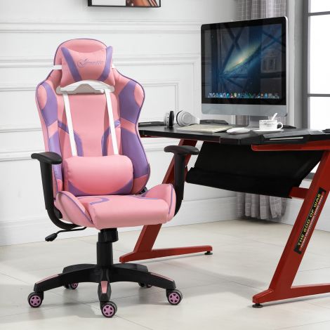 Vinsetto mängutool ergonoomiline kontoritool, pöörlev tool, reguleeritav massaažiga nimmetugi, kõrguse reguleerimine, roosa ja lilla, 69x56x125,5 cm | Aosom