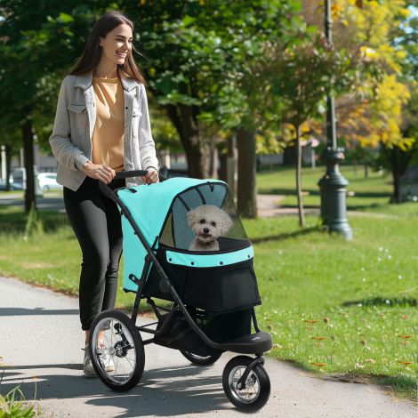 Koerakäru Jogger koerakäru kokkupandav väikestele koertele ja kassidele kuni 10 kg kassikäru 3 suure kummirattaga, padja võrgaknad hoiukorv kassikäru turvarihmadega, türkiis