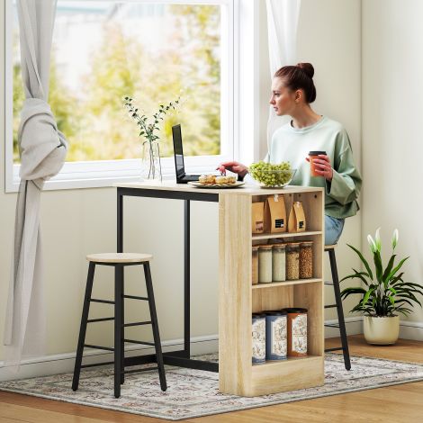 Baarilaud koos baaripukkidega, 3-osaline baarilaudade komplekt koos köögilauaga, hoiuruum, 2 taburetti, jalatoed, modernses stiilis, ruumisäästlik söögikomplekt söögituppa, kööki, teras, tamm.