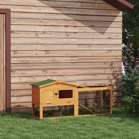 Jänesepuur 2 tasandit kuusepuidust talvekindel kahekorruseline maja koos jooksuaedikuga kaldtee 150x52x68 cm jänesepuur välistingimustes väikeloomadele jänestele küülikutele merisigadele kollane