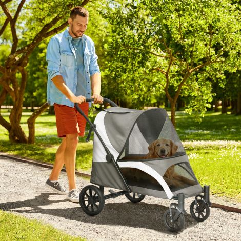 Koerakäru koerabuggy kokkupandav suurtele koertele ja kassidele kuni 30 kg kassibuggy padja, võrgakende, uste, hoiukoti, kassikäru turvarihmade, pidurite, buggy tumehall.
