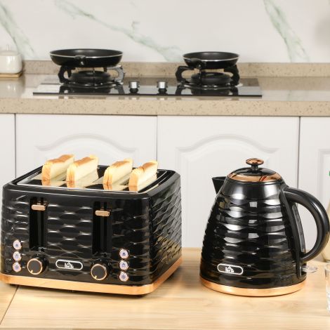 Veekeetja ja rösteri komplekt hommikusöögiks, 1,7L veekeetja, 4 viilu röster, 2200 W, 7 pruunistustaset, sulatamine, soojendamine ja purusahtel, Otter termostaat, must