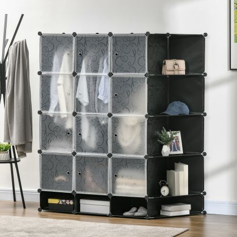 DIY riidekapi riiulisüsteem 16 sektsiooni ja 2 vardaga DIY kuubikriiul, hoiuriiul riiete, jalanõude jaoks, must 145 x 46 x 162 cm