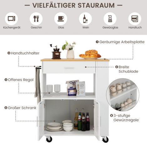 Köögikäru ratastel serveerimiskäru 3 vürtsiriiuliga 82 x 46 x 92 cm valge