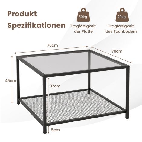 2-tasandiline klaaslaud panipaiga ja võrkriiuliga, moodne ruudukujuline kohvilaud 70 × 70 × 45 cm hall